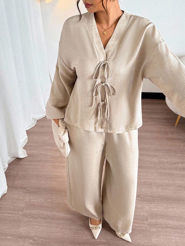 Firerie ملابس كاجوال للنساء مكونة من قميص فضفاض مربوط أمامي وبنطال فضفاض مرتفع الخصر ذو قوام قماش الكتان الخفيف والمزدوج اللون، مناسبة للخروجات والعطلات في فصل الخريف