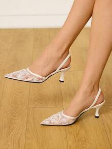 CUCCOO HITCHD 女士刺绣蕾丝串珠花卉尖头细高跟鞋中跟优雅迷人甜美浪漫白色网眼高跟鞋，新娘鞋，正式礼服鞋，时尚派对穿着，适合婚礼、圣诞节、感恩节、生日、情人节 - 白色 - 查看 2
