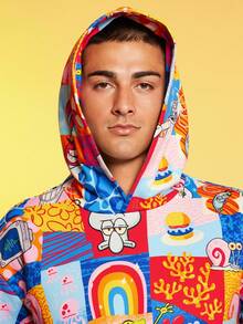 SpongeBob SquarePants | SHEIN 男士休闲卡通拼布印花口袋连帽衫，春秋季 - 彩色 - 查看 3