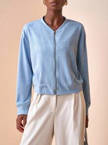 Zivah 2025 Autumn/Winter New Sky Blue Minimalist Short Zip-Up Baseball Jacket - Blue - View 6