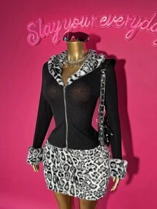 Slaydiva طقم بلوزة وتنورة للنساء موديل جديد خريف/شتاء 2025، مناسب لحفلات عيد الميلاد والحفلات والبنوك والأسلوب الجامعي والارتداء اليومي، قطعتان متناسقتان بتصميم أنيق وعصري، تتكون من جاكيت مزخرف بخطوط رأسية مع تنورة ضيقة مطبوعة بنمط نمر - متعدد الألوان - مشاهدة 2