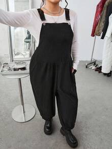 SHEIN EZwear 秋冬款大码黑色灯芯绒背带裤 - 黑色 - 查看 6