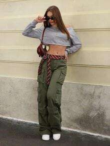 Jeanoix Solid Color Pocket Casual Versatile Wide Leg Jeans - Army Green - View 3