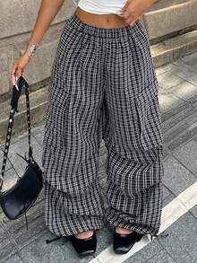Coolane 女式黑白格子梭织松紧腰工装口袋阔腿裤 - 黑與白 - 查看 2