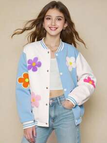 SHEIN Girls' Casual Colorful 3D Floral Contrast Color Baseball Jacket, Spring/Autumn Fall Winter - Blue - View 4