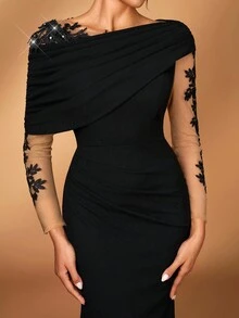 Serin 优雅浪漫奢华黑色弹力针织撞色网眼不对称荷叶边肩部美人鱼下摆连衣裙，适合晚会、单身派对、约会、舞会、度假、婚礼、新娘母亲礼服