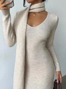 Elenzga 优雅浅杏色V领简约舒适复古风针织连衣裙配流苏围巾，适合秋冬通勤出游 - 杏色 - 查看 7