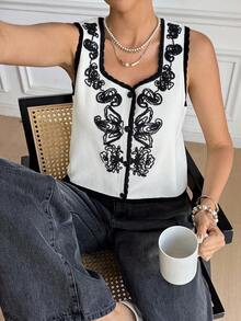 SHEIN Frenchy Women's Elegant White Floral Embroidered Sweater Vest,Contrast Trim Button Front Casual Knit Top For Autumn,Brunch,Party,Christmas & Winter,Chic - Apricot - View 4
