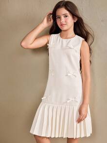 SHEIN Girls Elegant Sweet Sleeveless Mini Dress, Layered Ruffle Hem, White Bow Accent, Suitable For Summer, Luxury Party - Apricot - View 6