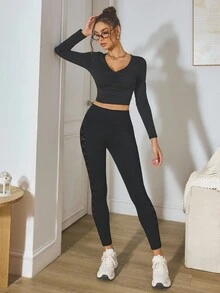 Easithlete Women's High Waist Elastic Contrast Mesh Sports Leggings, Autumn Yoga Pants - Black - View 7