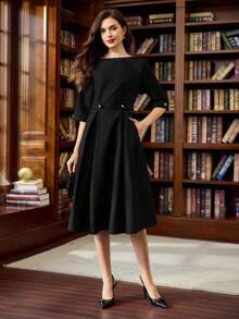 Vintamour 复古经典优雅女式连衣裙，修身船领 3/4 袖连衣裙，配有腰带和纽扣，海军蓝色连衣裙 - 黑色 - 查看 4