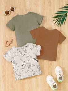 SHEIN Playful Pals 3pcs Baby Boy Dinosaur Pattern Knitted Short Sleeve T-Shirt Set, Spring/Summer - Brown - View 2
