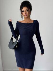 Selianne Sexy Off-Shoulder Long Sleeve Bodycon Knit Mini Dress - Navy Blue - View 2