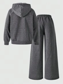 SHEIN Explorewe 2pcs Tween Girls ME Loose Casual Sports Graphic Print Jacket & Contrast Stripe Pants Set,Dark Grey Autumn Cow Boy School Back-To-School Street Style - Dark Grey - View 2