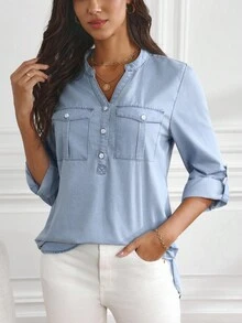 SHEIN Tall 女式休闲V领卷袖牛仔衬衫，秋季 - 淺色水洗藍 - 查看 3