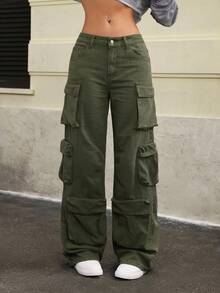 Jeanoix Solid Color Pocket Casual Versatile Wide Leg Jeans - Army Green - View 6