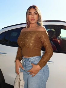 Zolique Women's Cropped Long Sleeve Sweater, Off Shoulder, Fitted, Sexy, Hollow Diamond Pattern Knit Sweater In Brown/Coffee Color - Coffee Brown - View 4