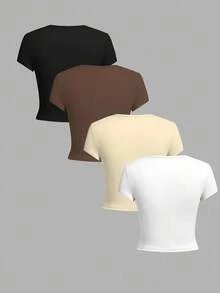 Tseoso 4pcs Set Women Crew Neck Short Sleeve Fitted T-Shirts, Suitable For Summer Suitable For Going Out, Black, White, Brown, Cream Yellow, 95% Cotton, Vintage, Cute Summer Tops, Softgirl, Summer Outing Items, Home, Back To School, Fall Women Clothes, Versatile, Club, Party Crop Tops Women Basic Crop Tops 4 Pack Crop Tops Tight Fitting Crop Tops Women Basic Tees