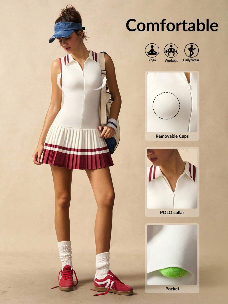 VARSIVA 女式条纹褶皱下摆拉链半开襟无袖运动连衣裙 - 紅白色 - 查看 1