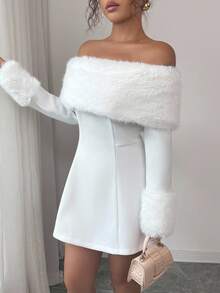 Elenzga 女式优雅狐狸装饰露肩收腰长袖连衣裙，秋冬 - 白色 - 查看 5