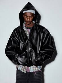 MODCRASH Men's Fashion Loose Short Hooded Pu Leather Jacket, Boxy Clothing, Fall, Streetwear Jacket - Black - View 2