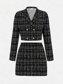 Girlism 少女都市时尚长袖夹克和贴身迷你裙套装 - 黑色 - 查看 3