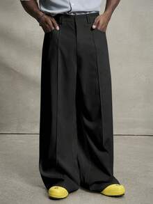 PAVTROS Manfinity Streetrush Men's Basic Casual Solid Color Loose Fit Pants Black Wide Leg Pants Wide Leg Trousers Wide Leg Pants Wide Leg Pants Men Baggy Wide Pants, For Fall - Black - View 4