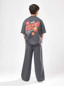 SUMWON Conjunto de dos piezas de pantalón ancho y parte superior con estampado de gráfico de soda naranja, cintura elástica con cordón, para usar en otoño e invierno - Gris Oscuro - Ver 1