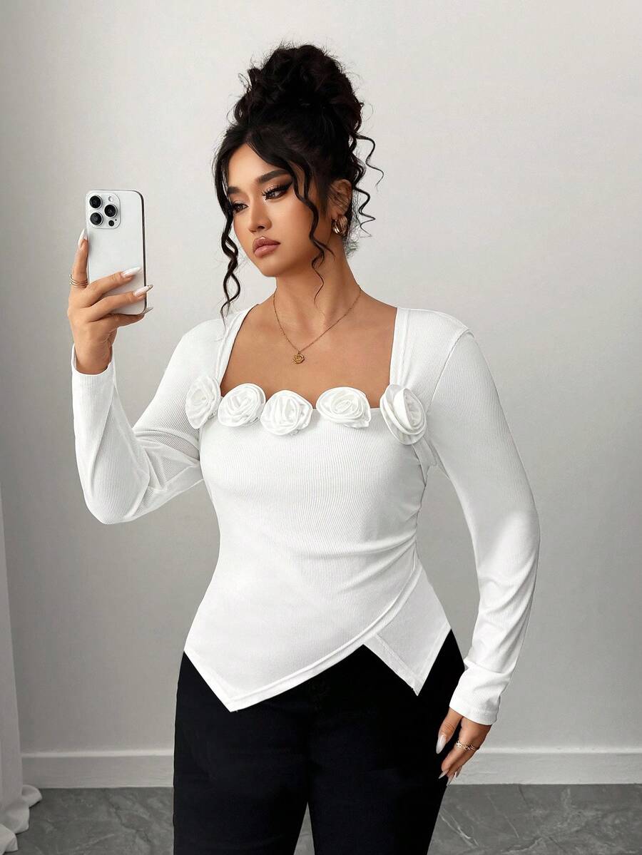 SHEIN Elenzya قميص نسائي أنيق بطبعة وردة كبير الحجم - أبيض - مشاهدة 1