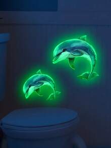 Glow-In-The-Dark Dolphin Toilet Stickers - 7.87x11.81inch PVC Bathroom Decor, Self-Adhesive Whimsical Blue & Black Dolphin Design For Home, Bathroom, And Toilet Decoration, Toilet Stickers Decals Fall Decor Bathroom Accessories - Multicolor - View 3