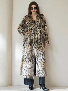 Aveloria Modichic 豹纹V领系带奢华长款喇叭人造皮草大衣，欧美时尚风格 - 彩色 - 查看 5
