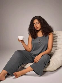Miss Vinta Plus Size Summer Casual Sleeveless Top And Pants Pajama Set Lounge Set, Outfits - Dark Grey - View 1