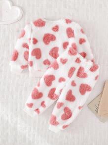 SHEIN Bộ đồ ngủ in hình trái tim bằng vải lông cừu ấm áp 2 món, áo choàng ngủ dễ thương cho nữ, mùa thu/đông - Màu Hồng baby - Xem 3