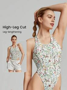 GLOWMODE FeatherFit™ Powerhouse Round Neck Racerback Halter Thong Bodysuit Low Impact Yoga Daily Summer - Multicolor - View 2