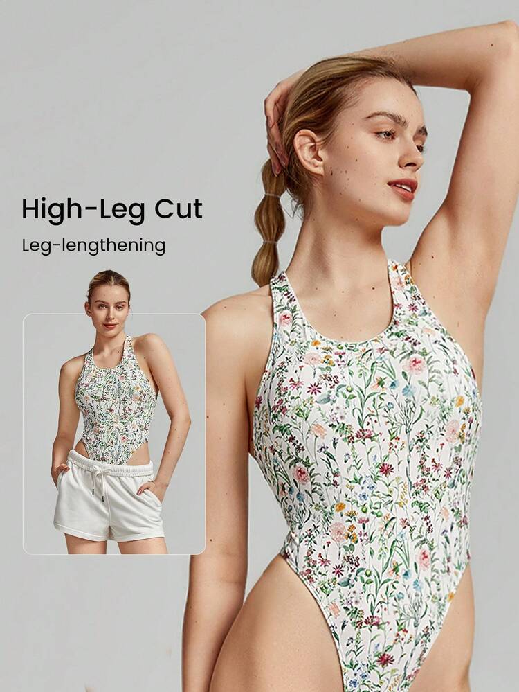 FeatherFit™ Powerhouse Round Neck Racerback Halter Thong Bodysuit Low Impact Yoga Pilates Daily Summer