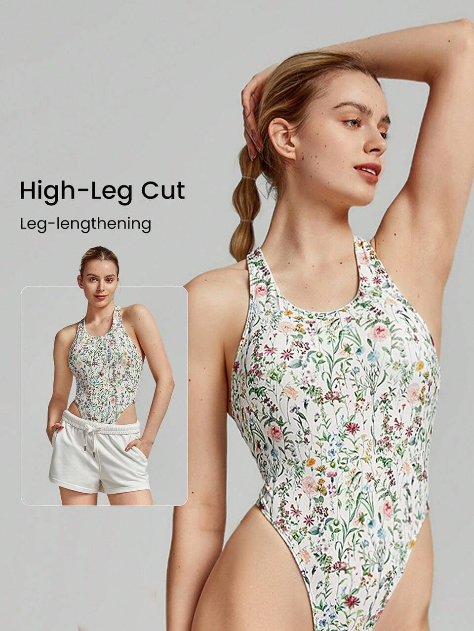 FeatherFit™ Powerhouse Round Neck Racerback Halter Thong Bodysuit Low Impact Yoga Pilates Daily Summer