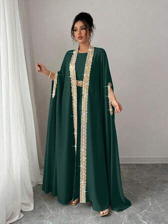 Rafferiza Elegant 2-delat set för kvinnor: Ytterplagg med lappmönster och fladdermusärm och ärmlös klänning