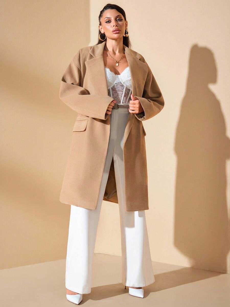 EURMUSE 女士休闲纯色翻领落肩宽松双排扣羊毛大衣 - 米色 - 查看 1