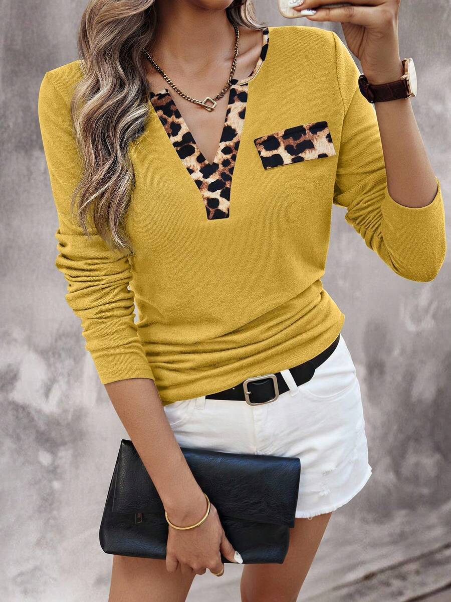 EMERY ROSE Women's Leopard Patchwork Simple Daily Notch Neck Long Sleeve T-Shirt Graphic Cheetah Print Tees Women Tops For Spring - Yellow - View 1