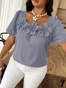 Weeklong Plus Size Summer Casual Plaid Floral Decor Puff Sleeve Shirt - Navy Blue - View 4