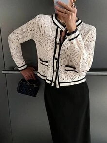 Siren Gaze Áo khoác cardigan tay dài khoét nút cài phía trước họa tiết tương phản dành cho nữ vào mùa thu/đông - Màu be - Xem 6