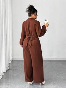 Elenzga Mono informal de talla grande con cintura ajustada y unicolor - Marrón - Ver 2