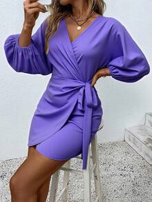 Chiquease 交疊領打結圍裹式連衣裙 - 紫色 - 查看 1