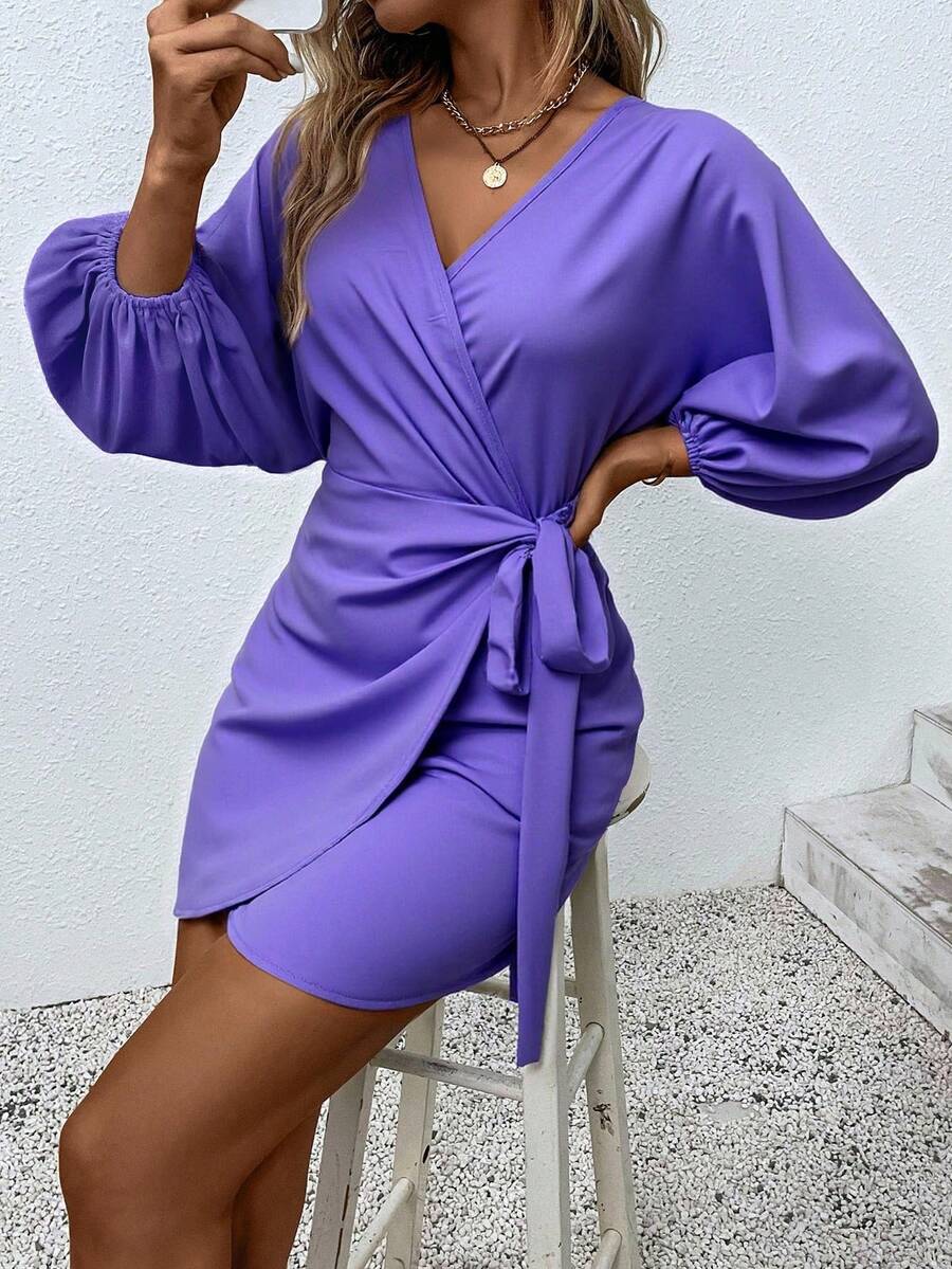 Chiquease 交疊領打結圍裹式連衣裙 - 紫色 - 查看 1