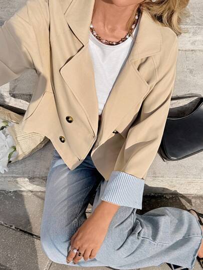 Serisse Women's Notched Lapel Button Front Long Sleeve Short Trench Coat, For Daily Casual, Apricot Solid Color Double-Breasted Cropped Jacket,Solid Color Minimalist Casual Long Sleeve Trench Coat,Cuff-Striped Patchwork Trench Coat,Double-Breasted Trench Coat,Tailored Collar Trench Coat,Classic Khaki Short Trench Coat,Fall Women Clothes,Winter Clothes Women,All-Season,Winter Outfits For Women,Sleeveless Jacket,Casual Office Outfits Women, French Style Clothes,Business Casual Woman,Commute,Minimalist,Office,Old Money,Simple, Business Casual Woman, Brown