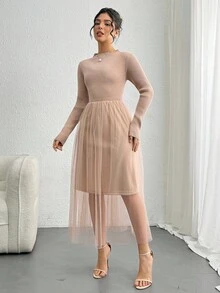 DAZY Vestido de mujer de cuello alto y longitud media con patchwork, vestido de punto de otoño - Caqui - Ver 3