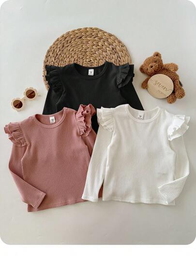 SHEIN 3 件套 Babygirl 可爱百搭纯色针织长袖上衣，荷叶边袖，休闲秋冬