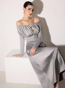 Modelyn Women's Solid Color Off-Shoulder Casual Dress - Light Grey - View 7