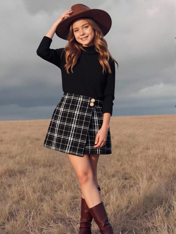 Emery Rose Kids Emery Rose Kids Conjunto de top de manga larga negro de punto y shorts a cuadros con cintura elástica para niñas preadolescentes, conjunto elegante y casual para uso diario en otoño/invierno