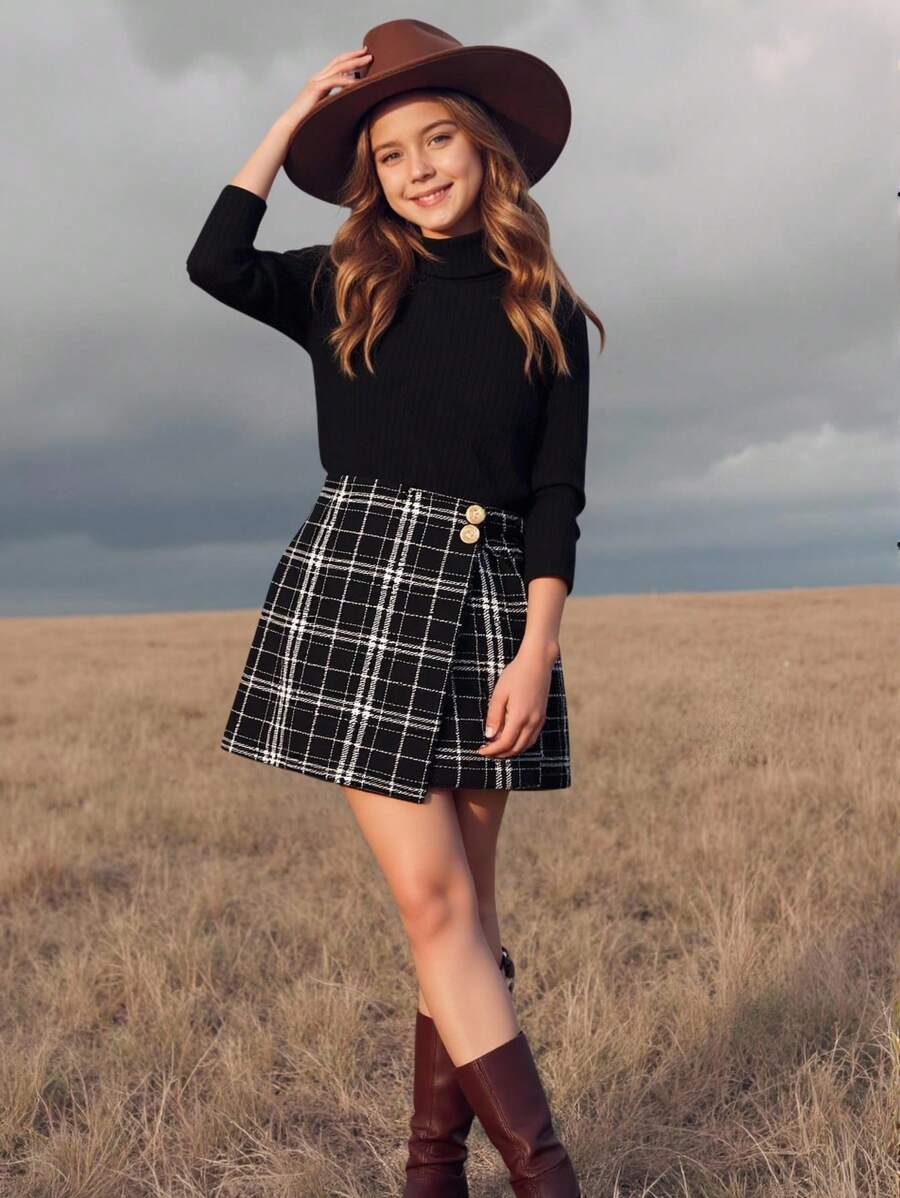 Emery Rose Kids Emery Rose Kids 女童可爱针织黑色长袖上衣和格子松紧腰短裤套装,休闲优雅的日常服装,秋冬 - 黑色 - 查看 1